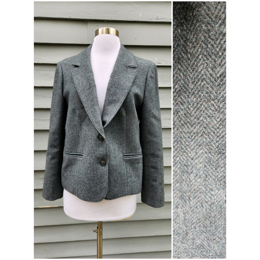 Pendleton Blazer Grey Teal Herringbone Wool Two Button Made in USA Size 14